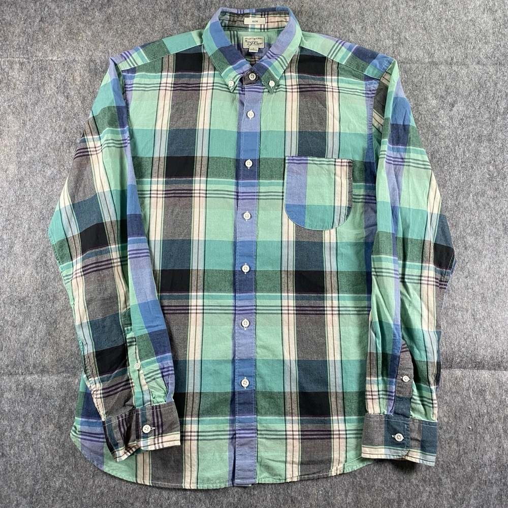 J Crew Indian Madras Plaid Shirt Men's Large Slim Blue Preppy Summer Long Sleeve